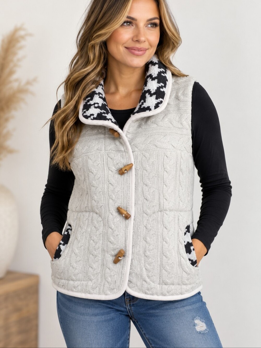 2/$30 Cable Knit Houndstooth Vest M Wood Toggle 2;Tone Hippie Heritage Classic